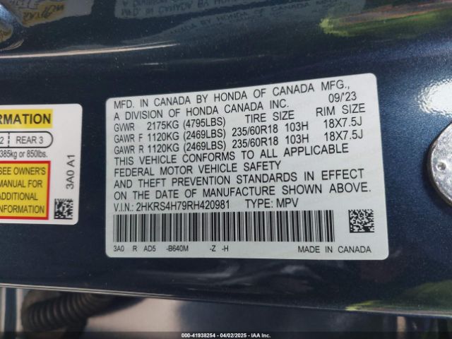 2HKRS4H79RH420981 Honda Cr-v Ex-l Awd