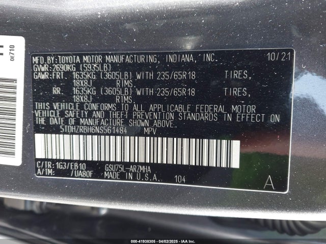 5TDHZRBH6NS561484 Toyota 2gr-fks