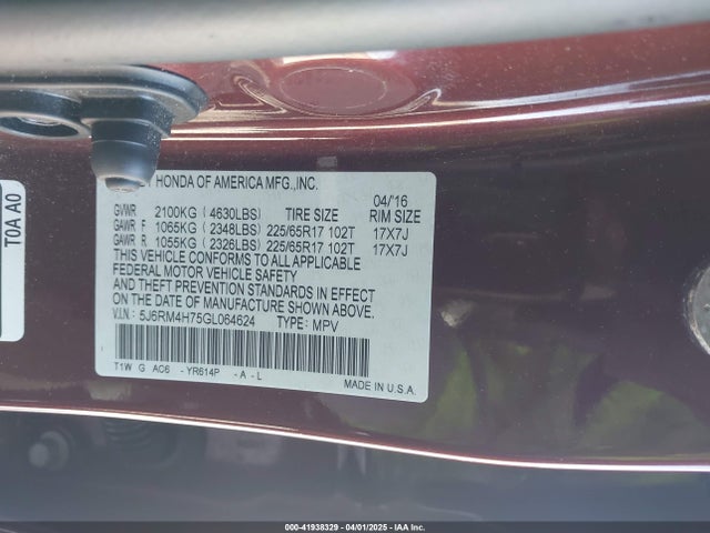Honda Cr-v Ex-l 2016 5J6RM4H75GL064624 Image 9