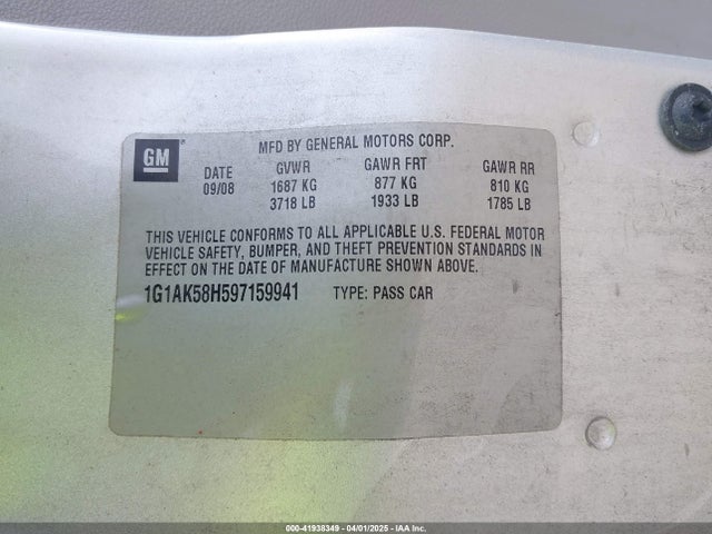 41938349 :رقم المزاد ، 1G1AK58H597159941 vin ، 2009 Chevrolet Cobalt Ls مزاد بيع