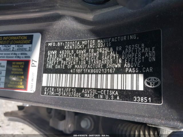 4T1BF1FK8GU213167 Toyota 2ar-fe