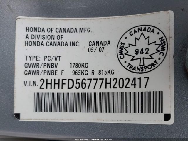 2007 ACURA CSX 2HHFD56777H202417 Photo 8