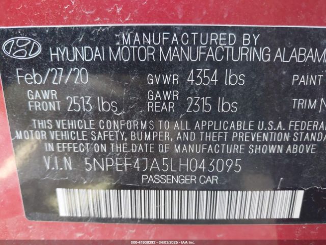 5NPEF4JA5LH043095 Hyundai SONATA SEL