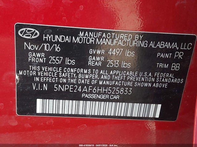 5NPE24AF6HH525833 Hyundai Sonata