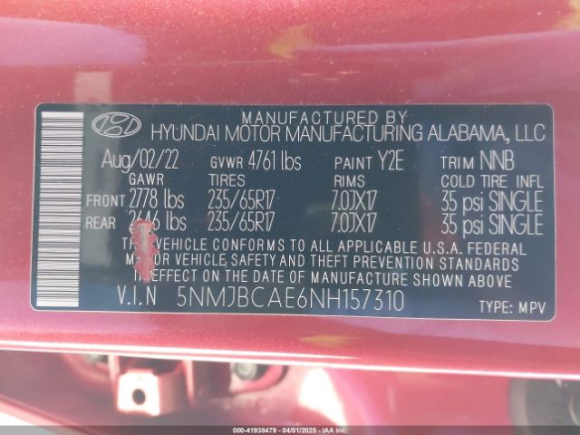 5NMJBCAE6NH157310 Hyundai TUCSON SEL