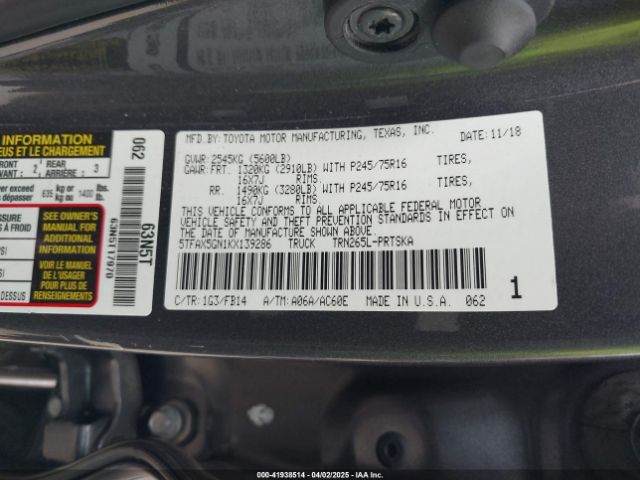 5TFAX5GN1KX139286 Toyota Tacoma Sr