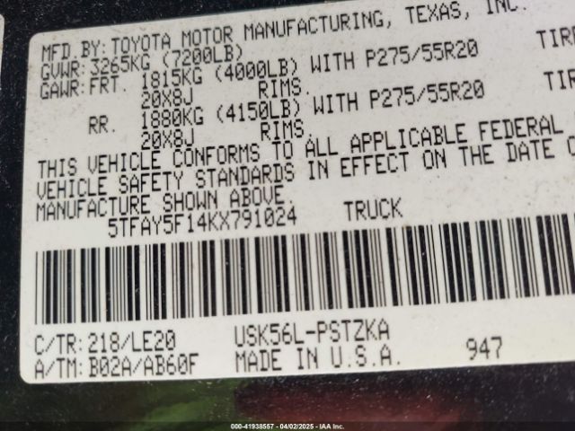 5TFAY5F14KX791024 Toyota Tundra Platinum 5.7l V8