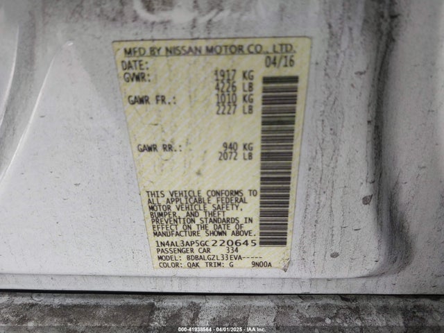 1N4AL3AP5GC220645 Nissan Altima 2.5/2.5 S/2.5 Sl/2.5 Sr/2.5 Sv