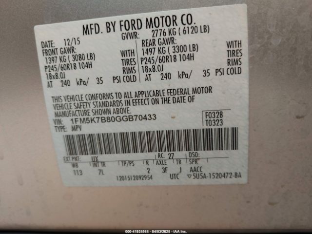 2016 FORD EXPLORER 1FM5K7B80GGB70433 Photo 8