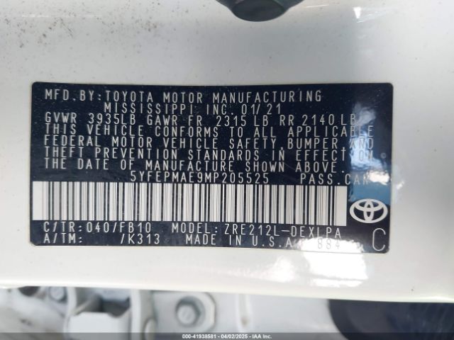 5YFEPMAE9MP205525 Toyota COROLLA LE