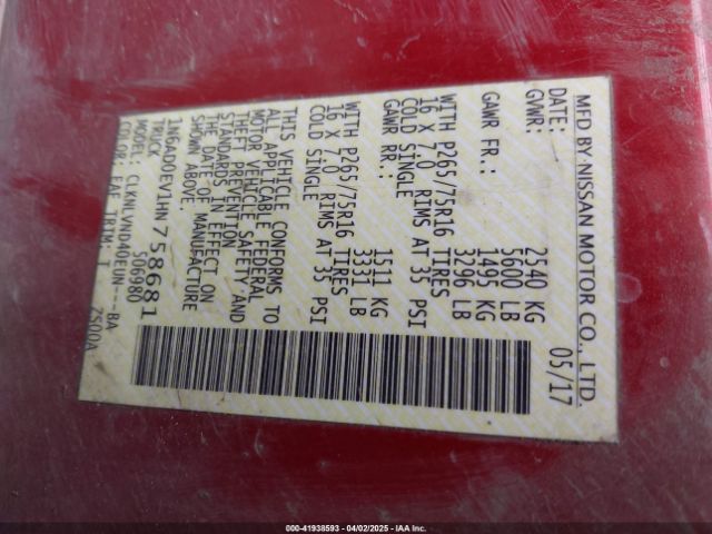 1N6AD0EV1HN758681 Nissan Frontier Pro-4x