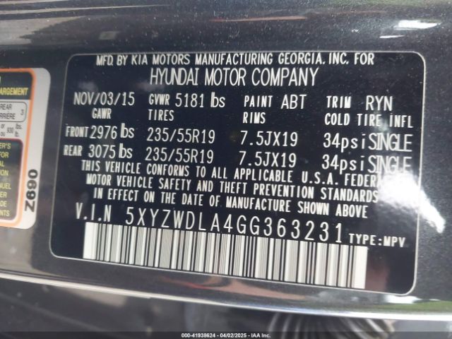 5XYZWDLA4GG363231 Hyundai Santa Fe Sport 2.0l Turbo