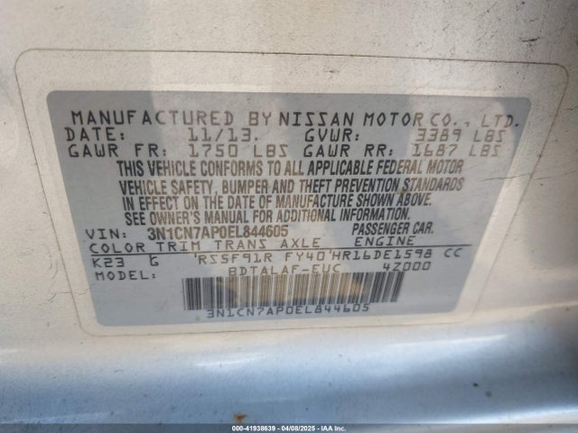 3N1CN7AP0EL844605 Nissan Versa 1.6 S