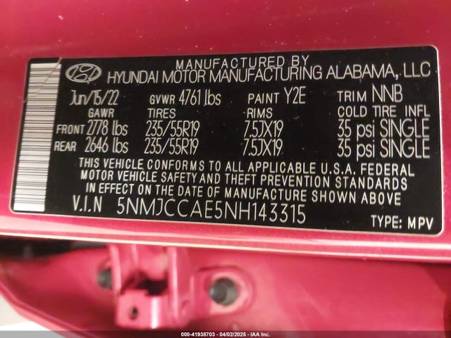 5NMJCCAE5NH143315 Hyundai TUCSON SEL