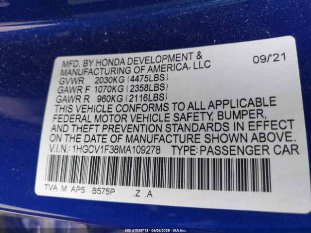 1HGCV1F38MA109278 Honda Accord Sport