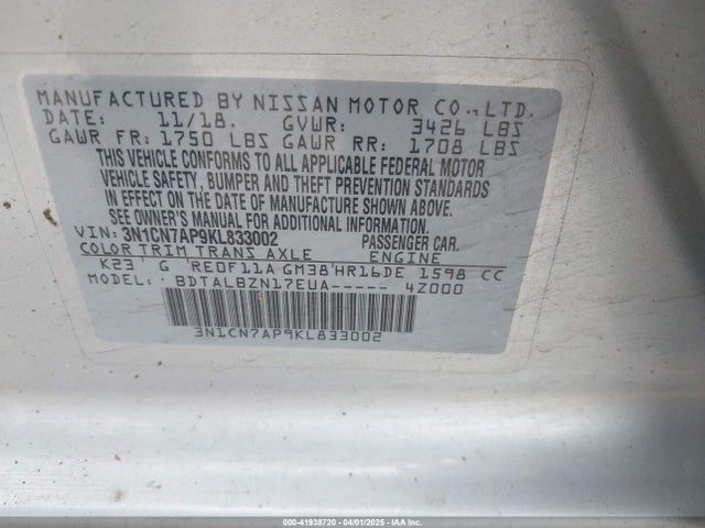 3N1CN7AP9KL833002 Nissan Versa 1.6 Sv