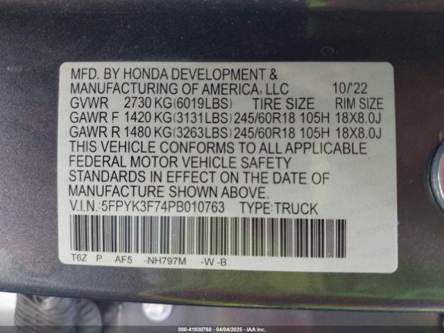 5FPYK3F74PB010763 Honda Ridgeline Rtl-e