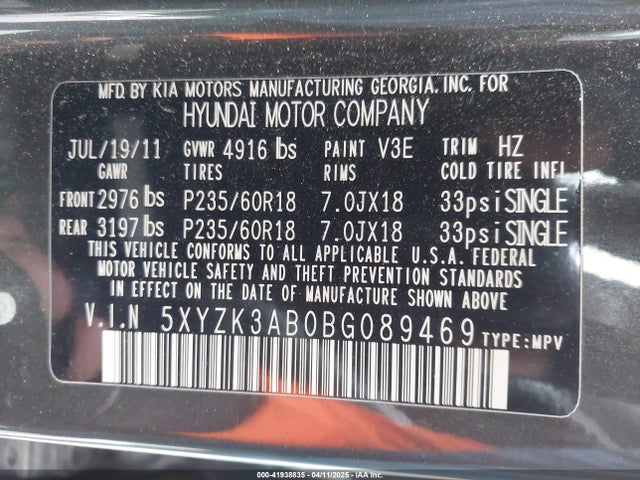 Продаж на аукціоні авто 2011 Hyundai Santa Fe Limited, vin: 5XYZK3AB0BG089469, номер лоту: 41938835