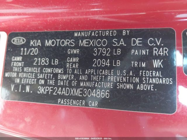 3KPF24ADXME304866 KIA Forte Lxs