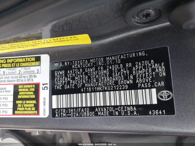 4T1B11HK7KU212239 Toyota CAMRY LE