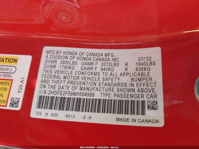 2HGFE2F59NH594988 Honda Civic Sport