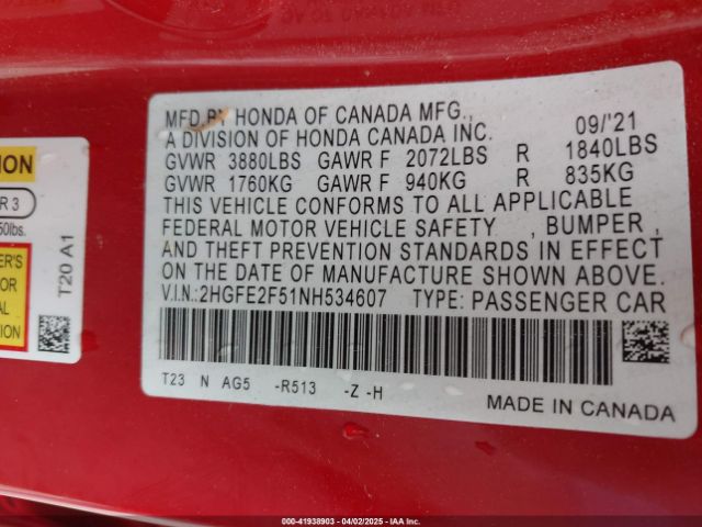 2HGFE2F51NH534607 Honda Civic Sport