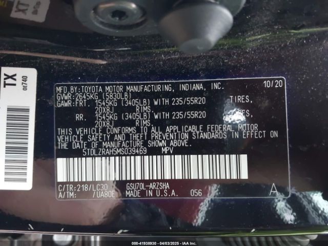 5TDLZRAH5MS039469 Toyota Highlander Xse