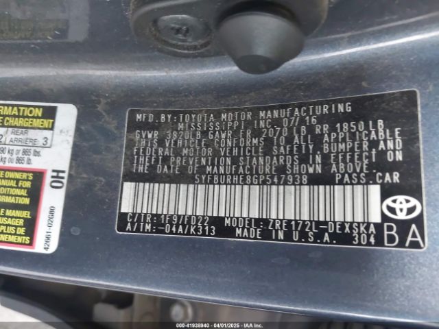 5YFBURHE8GP547938 Toyota Corolla S Plus
