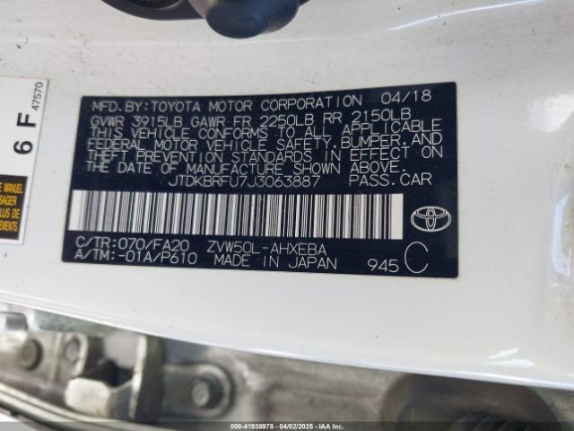 JTDKBRFU7J3063887 Toyota Prius