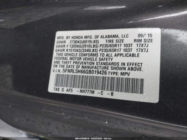 5FNRL5H66GB019426 Honda Odyssey Ex-l