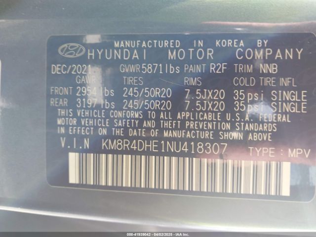 KM8R4DHE1NU418307 Hyundai Palisade Sel