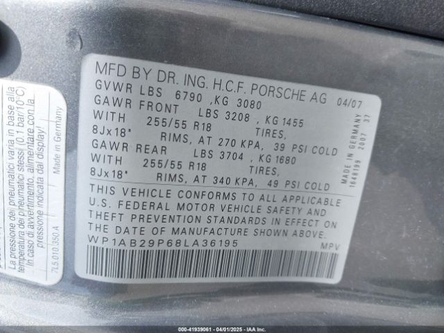 2008 PORSCHE CAYENNE WP1AB29P68LA36195 Photo 8