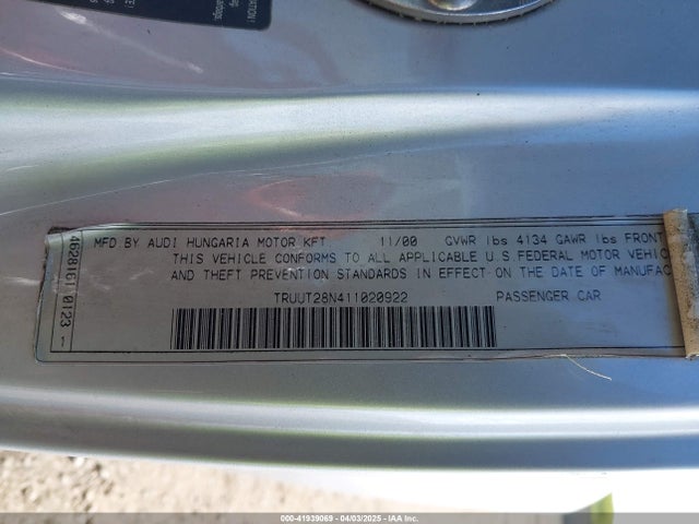 2001 AUDI TT TRUUT28N411020922 Photo 8