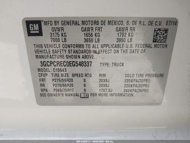 3GCPCREC0EG548337 Chevrolet l83 - vvt, afm (active fuel management), aluminum