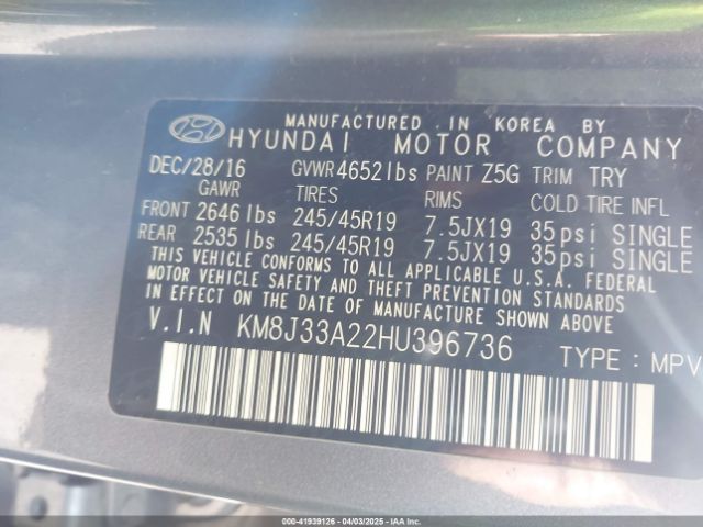 KM8J33A22HU396736 Hyundai Tucson Limited