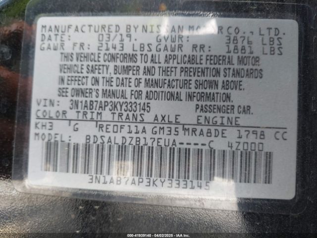 3N1AB7AP3KY333145 Nissan SENTRA SV