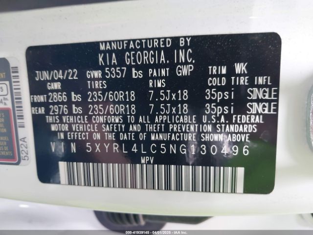 5XYRL4LC5NG130496 KIA SORENTO S