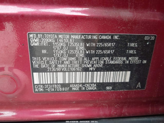 2T3G1RFV0LC106162 Toyota RAV4 LE
