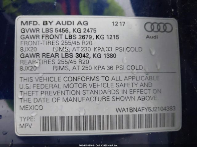 WA1BNAFY5J2104383 Audi Q5 2.0t Premium/2.0t Tech Premium