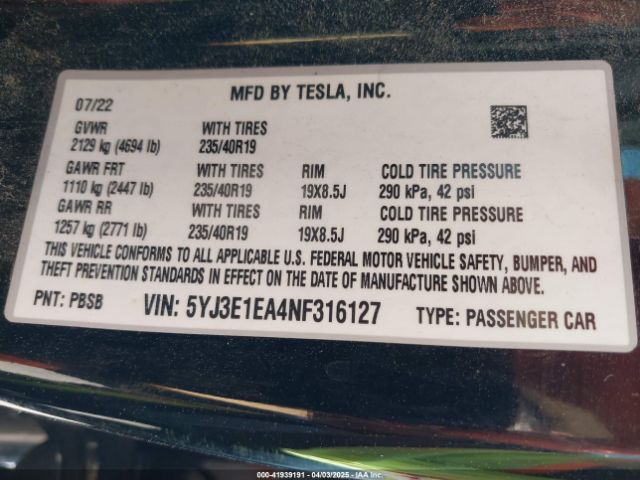 5YJ3E1EA4NF316127 Tesla Model 3 Rear-wheel Drive