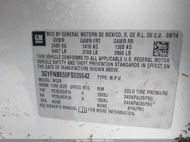 3GYFNBE39FS535642 Cadillac Srx Luxury Collection