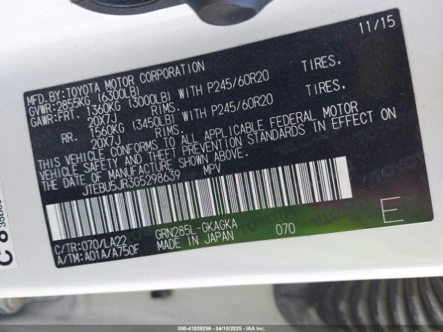 JTEBU5JR3G5298639 Toyota 4runner Limited