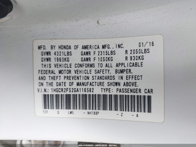 1HGCR2F52GA116582 Honda Accord Sport