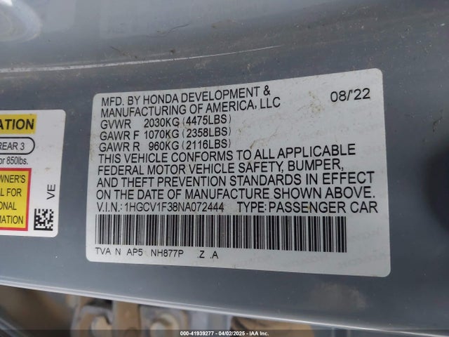 1HGCV1F38NA072444 Honda Accord Sport