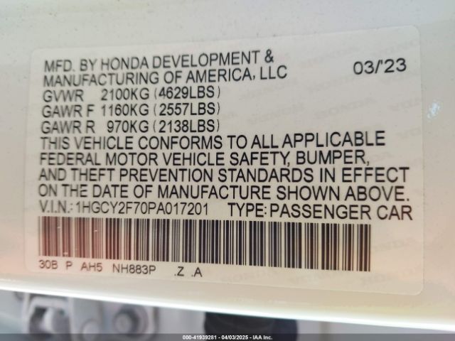 1HGCY2F70PA017201 Honda Accord Hybrid Sport-l