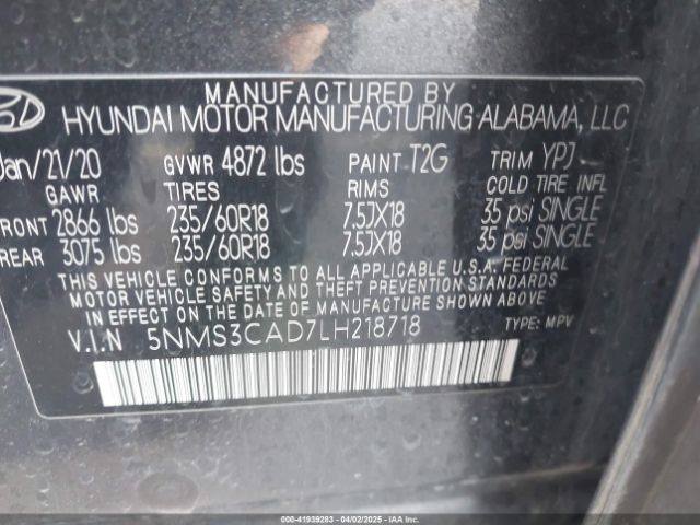 5NMS3CAD7LH218718 Hyundai Santa Fe Sel