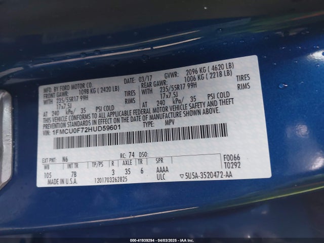 Ford 2.5l i-vct 2017 1FMCU0F72HUD59601 Image 9