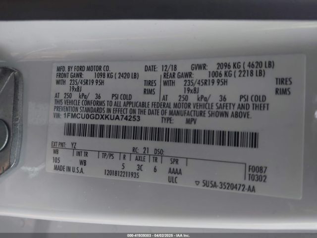 1FMCU0GDXKUA74253 Ford ESCAPE SE