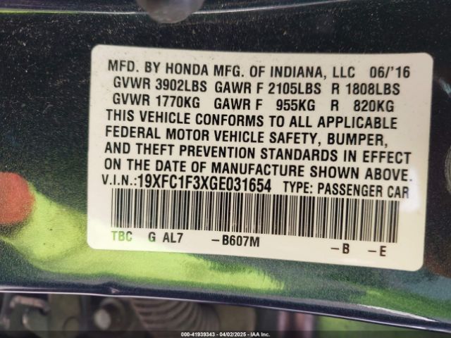19XFC1F3XGE031654 Honda Civic Ex-t
