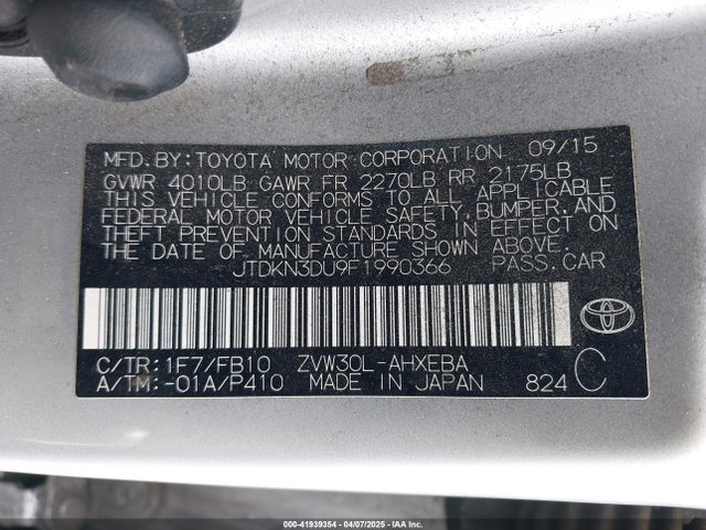 JTDKN3DU9F1990366 Toyota Prius Two